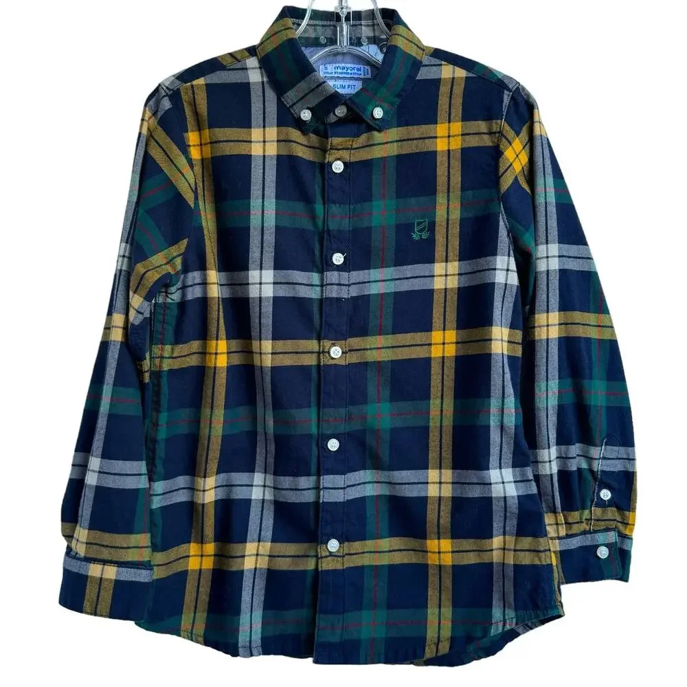 Kids Mayoral Navy Yellow Slim‎ Fit Cotton Plaid Button Up Checked Casual Shirt 5